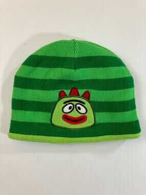 Yo Gabba Gabba Brobee Reversible Beanie Kids Green Striped Fleece Character Hat